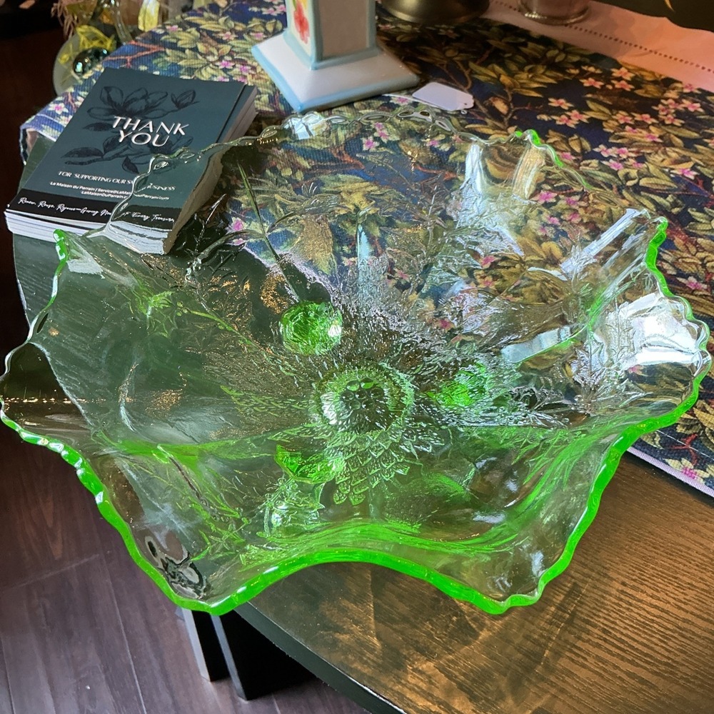 Vintage Fenton Stag & Holly Green Uranium Glass 11" Fruit Bowl